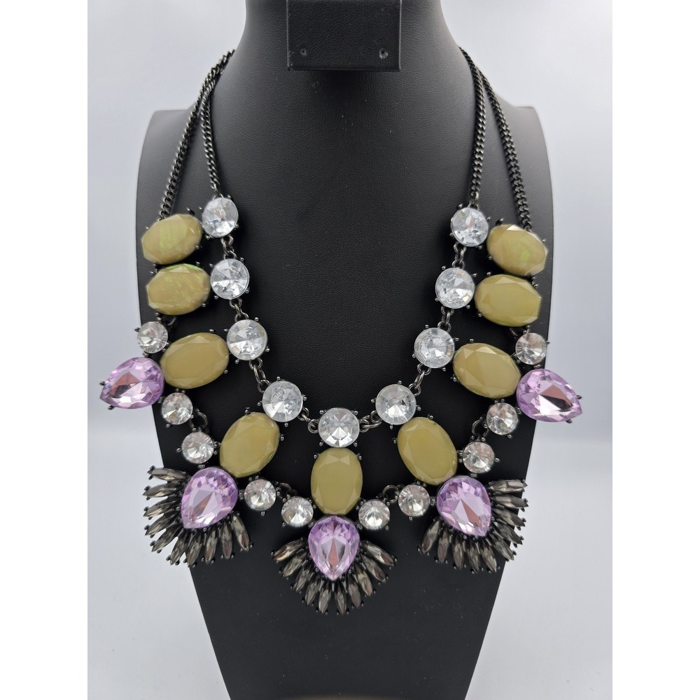 Statement Bib Necklace Multi-Color Rhinestone & Cabochon Fashion Jewelry - Picture 8 of 16